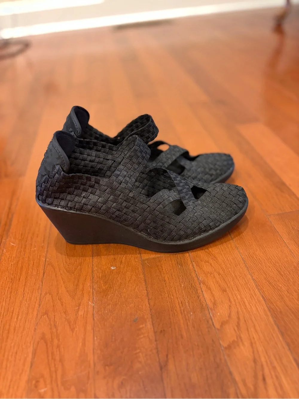 Steve Madden | Women's “Maryane” Black Woven Wedge Sandals - Comfort Style